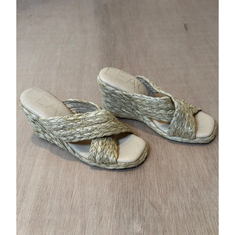 BEACH by Matisse Natural Straw Wedge Sandals Woven Raffia Slide Heels Women